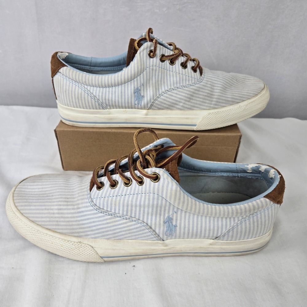 Polo Ralph Lauren Vaughn Mens 11D Blue White Striped Canvas Suede Sneakers 11501